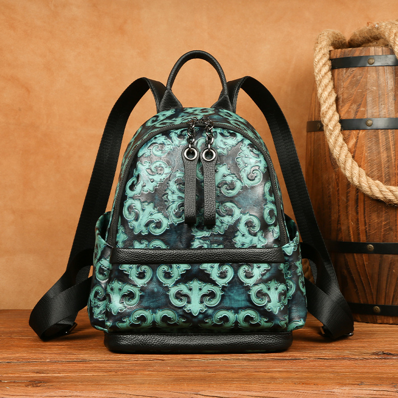 Leather Backpack Vintage - Johnature Tas Ransel Wanita Retro Embos